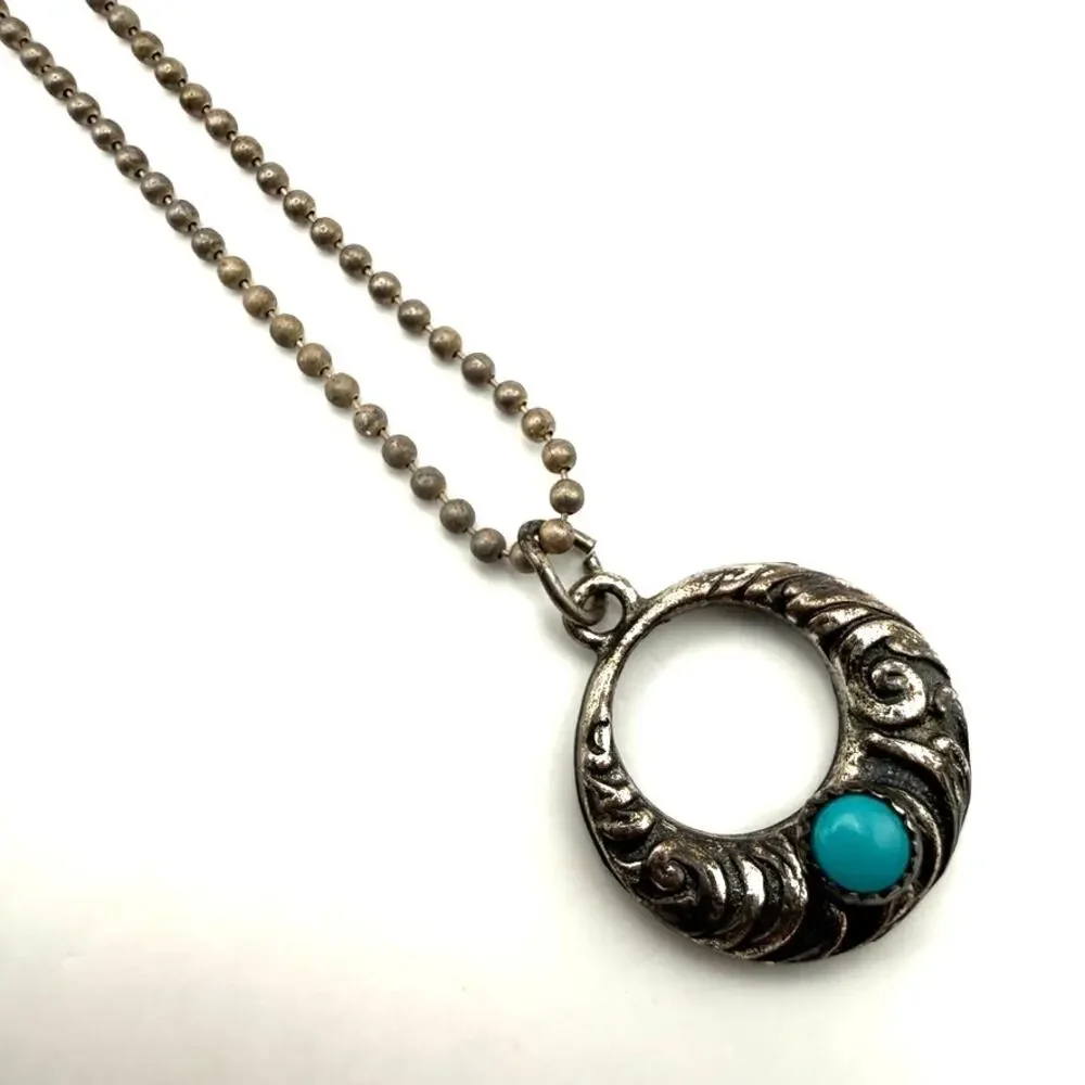 925 Sterling Silver Turquoise Native American Etched Ring Pendant Ball Chain 16" - Picture 1 of 9
